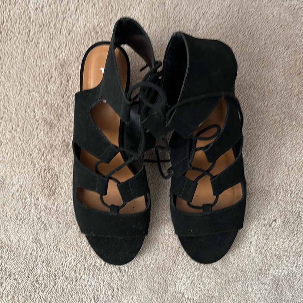 Black Suede Like Fabric Lace Up Chunk Heeled Sandals| SZ 11